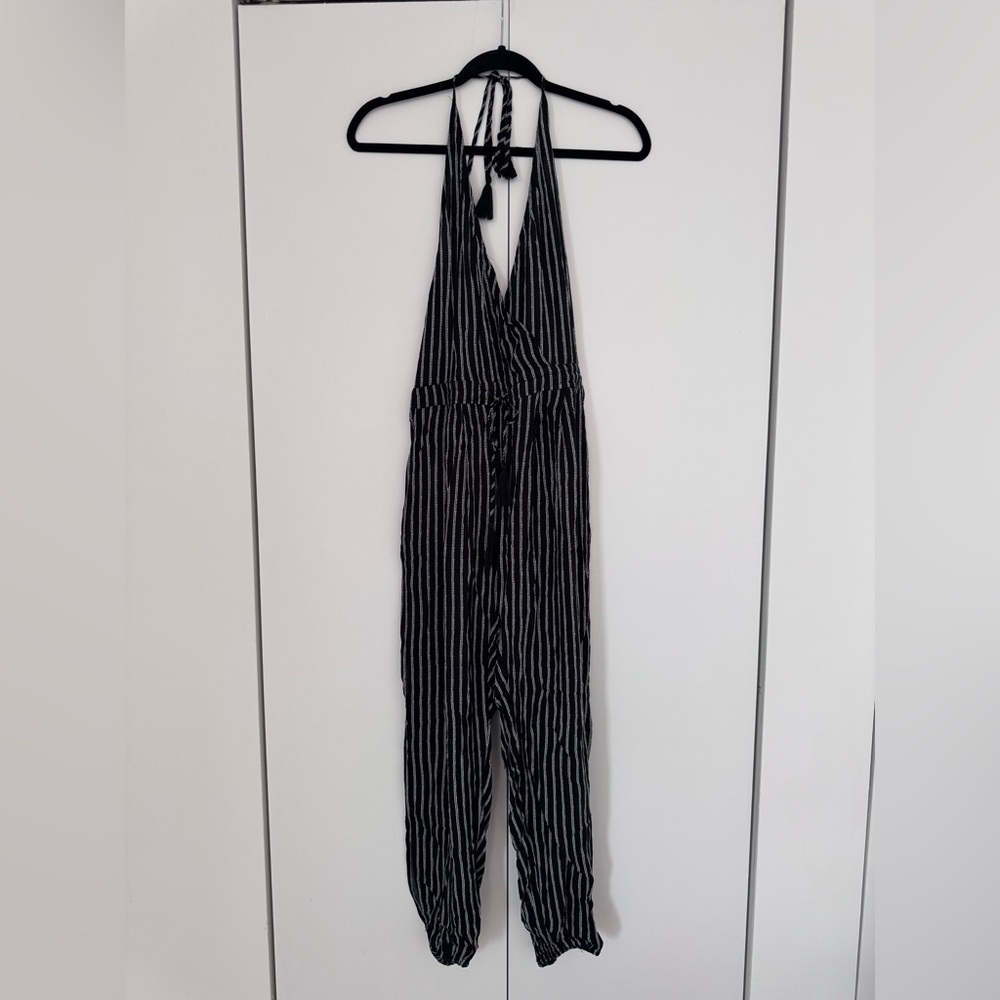 Black and White Pinstripe Halter Jumpsuit with V-Neck
